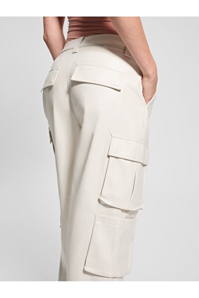 Guess Yüksek Bel Regular Fit Bej Kadın Pantolon KORI PU CARGO - FAUX LEATHER SOFT T