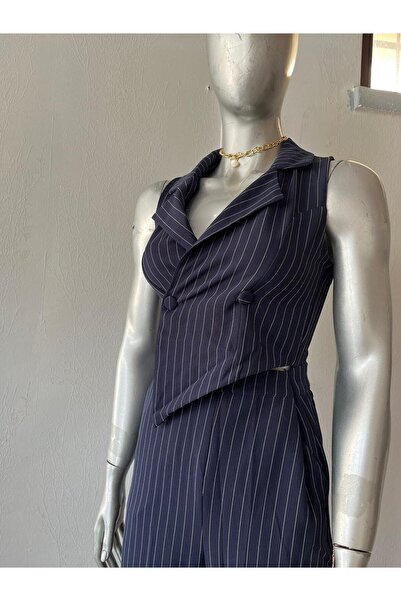 Sublime Butik Kadın Dik Çizgili Kumaş Lacivert Tulum