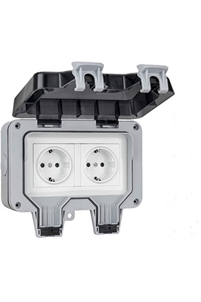 No branded Priză dublă de exterior, montare aparentă, rezistentă la intemperii și praf, policarbonat, gri/alb