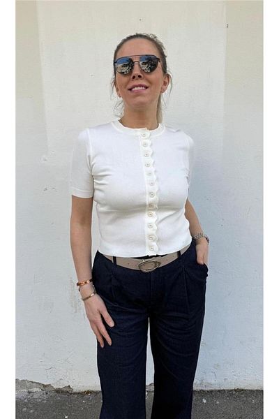 Dilvin سترة بأزرار وياقة دائرية وأكمام قصيرة