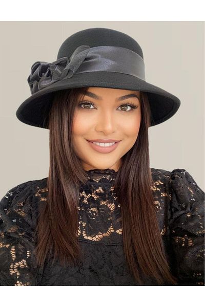Confortino Luxury women's felt hat with Italian brim and luxurious satin decoration - ONE SIZE, ADJUSTABLE