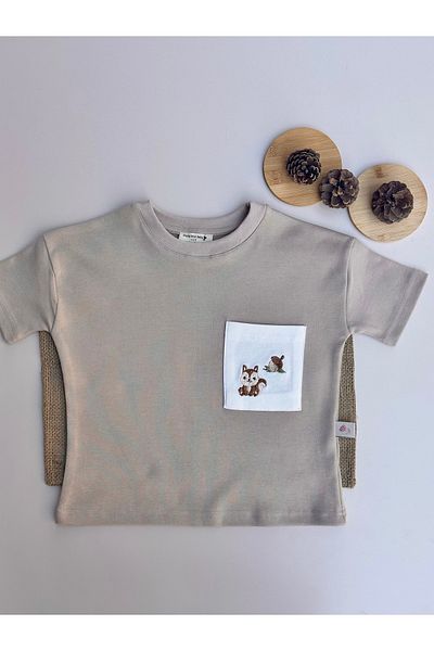 Mama Miel Baby Tricou oversize cu buzunare brodate Veverita Maro Lapte - 100% Bumbac