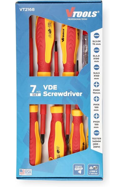 VTOOLS 7-Piece Insulated Screwdriver Set, VDE 1000V, Magnetic, Ergonomic Grip, Flat & Phillips