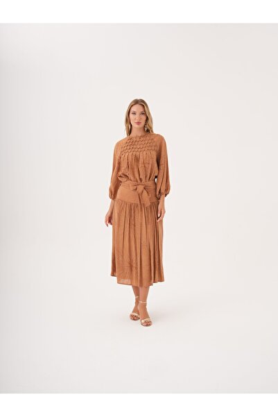 SERPİL Büzgü Detaylı Kuşaklı Viskon ve Keten Karışımlı Bluz