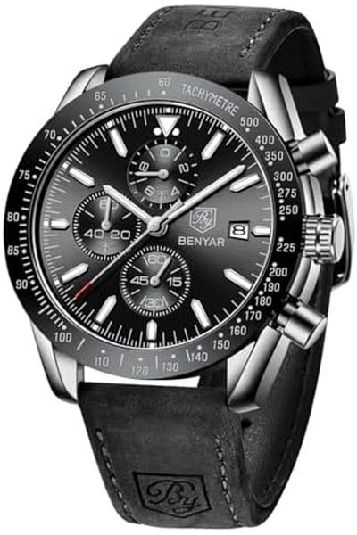 BY BENYAR Mens Watch 100M Waterproof Chronograph Date Watch for Men Brown Leather Strap Quartz Movem