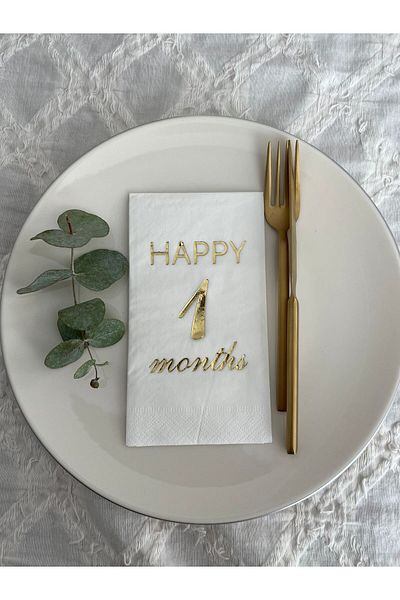 kidspartim Gold Gilded White Happy 1 Year Old Months Waiter Folded Napkin 16 Pieces