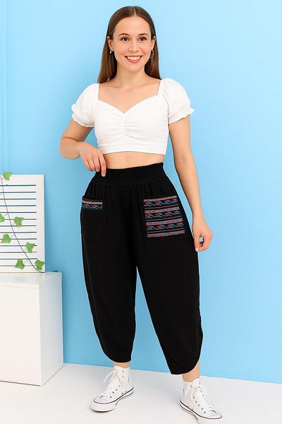 AGORATEKSTİL Women's 100% Linen Pocket Embroidered Baggy Trousers