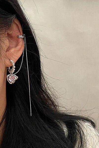 TAKIŞTIR Gümüş Renk Kalp Figürlü Taş Detaylı Kulak Aksesuarı