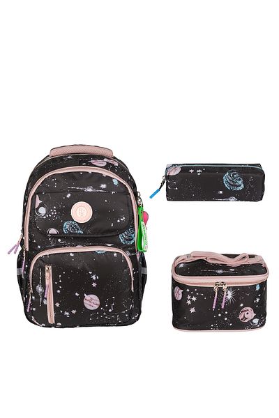 Fiyaka Rlx-1390 Set of 3 Children's Primary School Bag Backpack with Pen Holder and Lunch Bag Black Pink
