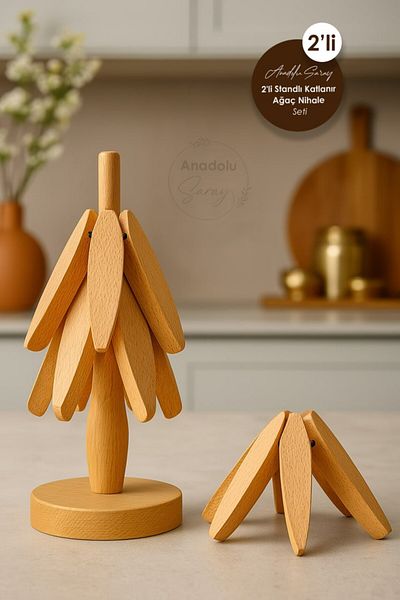 Anadolu Saray Set of 2 Bamboo Tree Trivets with Stand Heat Resistant Cup and Pot Bottom Folding Trivets