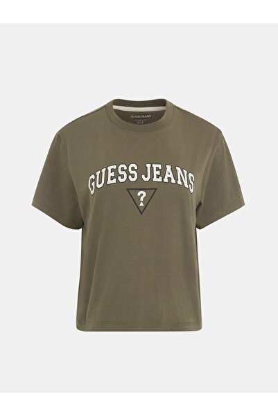 Guess Tricou cu model pentru femei, kaki, cu decolteu rotund, model GJ SS CN BOXY - ORGANIC COTTO