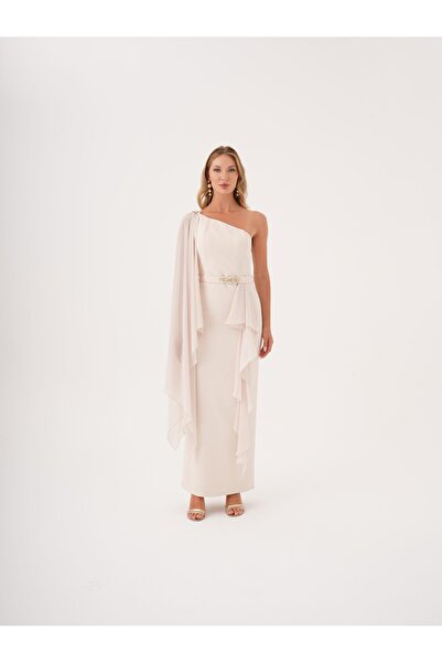 SERPİL Tek Omuz Şifon Drape ve Taş Kemer Detaylı Uzun Abiye Elbise