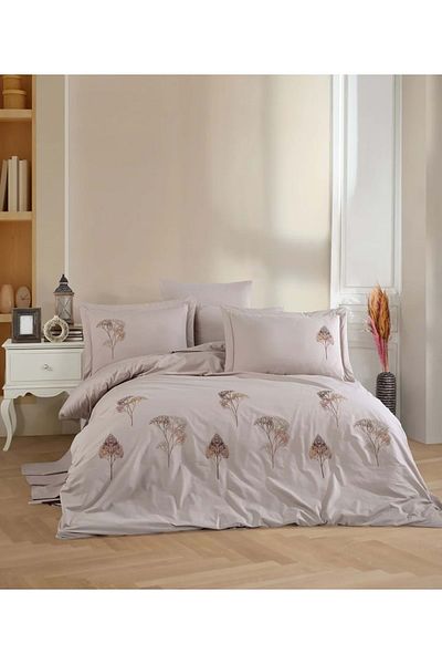Mandaş Dantele Jovia Lace Embroidered Poplin Cotton Satin Duvet Cover Set - Beige