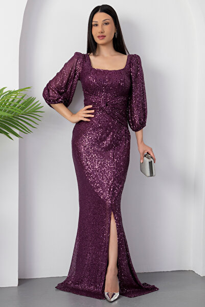 PULLIMM Kare Yaka Önü Bağalamalı Yırtmaçlı Elbise AP-3020