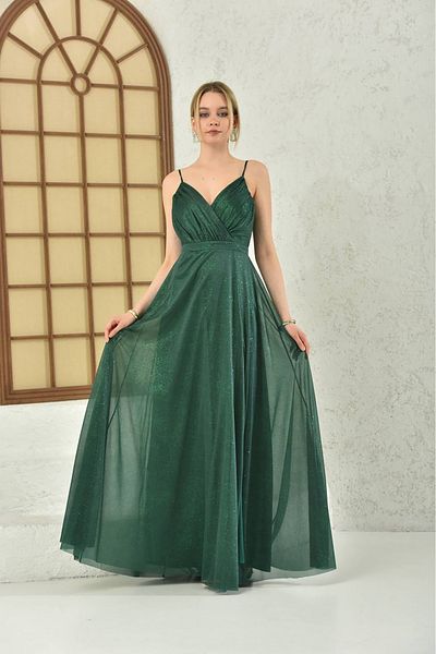 Neşeli Butik Women Emerald Green Lurex Fabric Strap Long Evening Dresses Nbs9276
