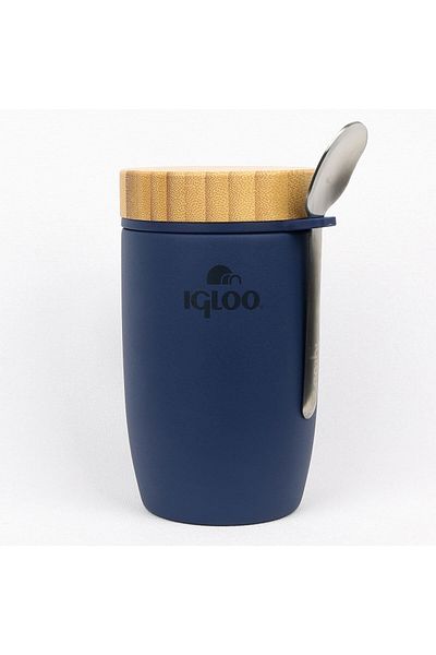 Begin Power Bamboo Lid Food Thermos 500ml Steel Thermos Navy Blue Keeps Warm for 12 Hours
