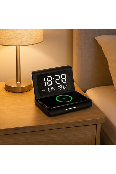 Blasko Ceas digital cu alarma si statie incarcare wireless rapida, model DigitalStation, afisaj LED ora, da