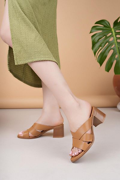 Nesil Shoes Γυναικείες παντόφλες MyShoes 2115 Tan Γνήσιο Μαλακό Δέρμα