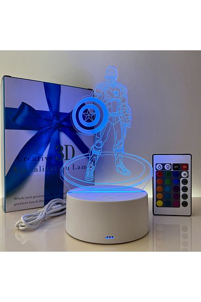 ILUMISHOP Lampa De Veghe 3D LED, Captain America, 16 Culori, cu telecomanda, Alimentare USB sau 3 baterii AA
