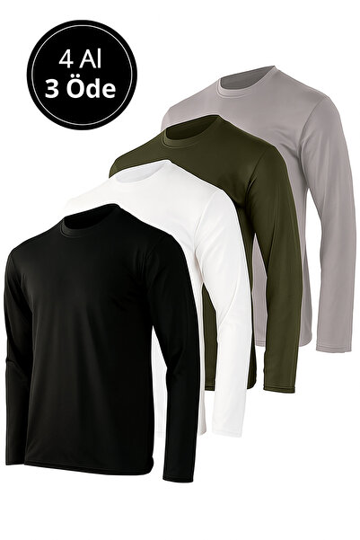 Rich Erkek Siyah-Beyaz-Grimelanj-Haki 4'lü Paket Basic Uzun Kollu Tişört Spor...