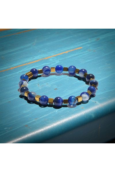 Perlavita Blue Agate & Hematite Natural Stone Evil Eye Bracelet