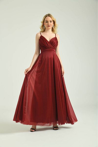 Neşeli Butik Women Burgundy Green Lurex Fabric Strap Long Evening Dresses Nbs9276