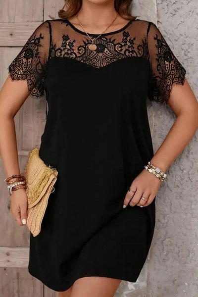 Mossta Crew Neck Lace Detailed Crepe Dress - Black