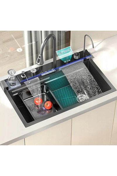 Blasko Chiuveta SMART de Bucatarie, 75x46x22 cm, Cuva Dubla cu Cascada si Hidroenergie, fabricata din Otel