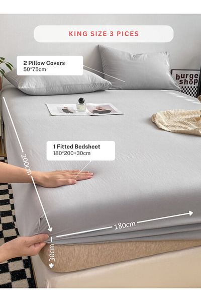 LUNA HOME 3-Piece Set: king-size fitted bedsheet and two pillowcases, washable cotton in a light grey color.