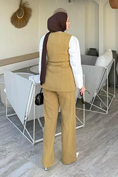 lamelif Λινό Σετ Γιλέκο Διπλής Τσέπης Μουσταρδί Κίτρινο