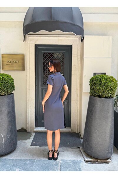 ELLA Osy Modal Soft Textured Fabric Collar Short Sleeve Dress - Black