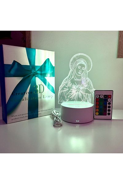 ILUMISHOP Lampa De Veghe 3D LED, Maica Domnului, 16 Culori, cu telecomanda, Alimentare USB sau 3 baterii AA