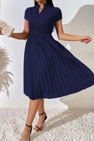 Mossta Judge Collar Short Sleeve Pleated Crepe Dress - Navy Blue