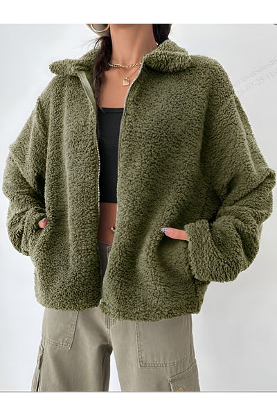 Purpleclo Women's Zippered Plush Teddy Cardigan