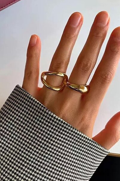 TAKIŞTIR خاتم بتصميم مزدوج قابل للتعديل باللون الذهبي