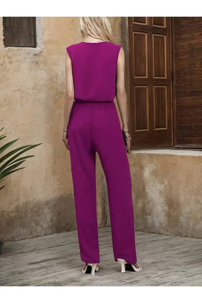 goopall Women's Sleeveless V-Neck Aerobin Blouse and Belted Waist Trousers Set of Two