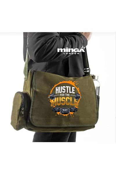 Minga London Khaki Hustle for the Muscle Printed Messenger Bag -Mingalondon