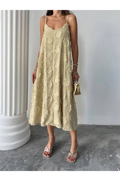 BE CHİC Women's V-Necklace Strap Tassel Detailed Linen Look Loose Casual Casual Dress Sg4711
