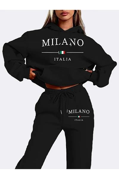 WOODROFFE Milona Italia εμπριμέ με κουκούλα κάτω επάνω μέρος Oversize γυναικεία μαύρη φόρμα