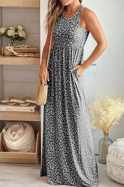 Mossta Round Neck Pocket Long Single Jersey Dress - Black