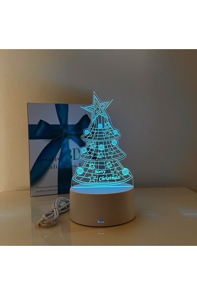 ILUMISHOP Lampa De Veghe 3D LED, Brad de Craciun, 7 Culori,Alimentare USB sau 3 baterii AA