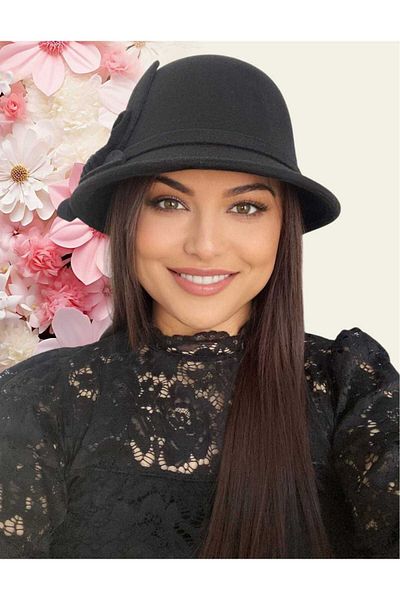 Confortino Elegant women's felt hat with small brim and floral decoration - ONE SIZE, ADJUSTABLE