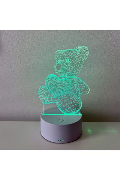 ILUMISHOP Lampa De Veghe 3D LED, Ursulet cu inimioara, 7 Culori, Alimentare USB sau 3AA