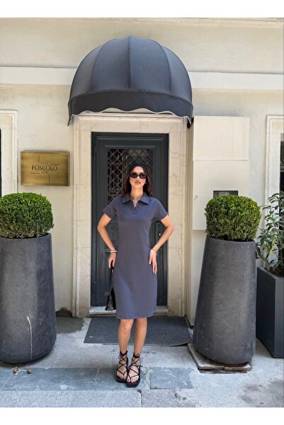 ELLA Osy Modal Soft Textured Fabric Collar Short Sleeve Dress - Black