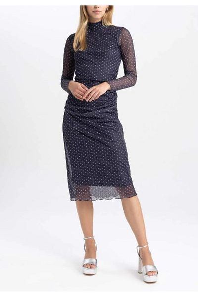 Kübra Tekstil Straight Fit Half Turtleneck Polka Dot Midi Long Sleeve Dress-200