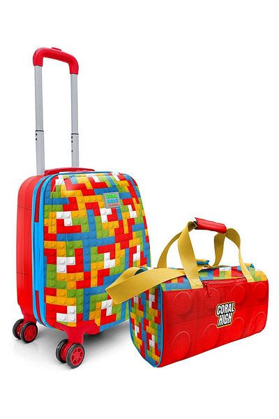 Coral High Set de valiză și geantă de călătorie/sport pentru băieți cu model de blocuri de construcție roșii