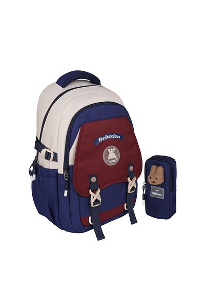 Relaxion New Season Imported Premium School Backpack with Pen Holder Cream-Navy Blue-Burgundy 1511