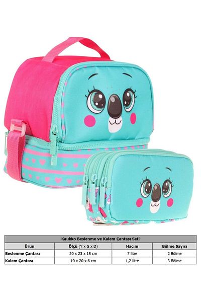 KAUKKO Two Compartment Thermal Insulated Nutrition + Pen Holder Set (Koala Pattern) (Green Red)