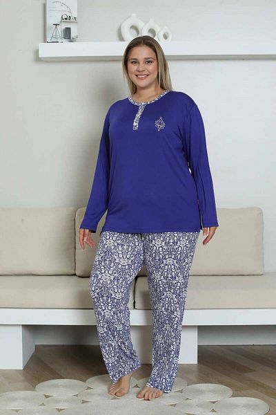ALİMER Σετ πιτζάμες σε μεγάλο μέγεθος - Saks Blue Ethnic Print Μακρύ μανίκι Lycra Rink Viscose 2865UYB
