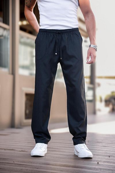 hello7 Men's Black Elastic Waist Lace up Straight Leg Lycra Comfortable Fit Loose Cut Trousers